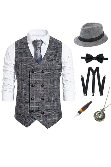 Chaleco gris a cuadros de doble pecho para hombre con conjunto de accesorios